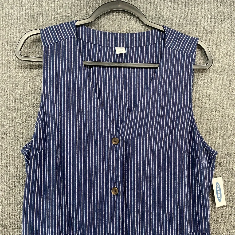 Old Navy Dress Womens L Linen Blend Blue Striped Button Up Sleeveless Boho Ranch